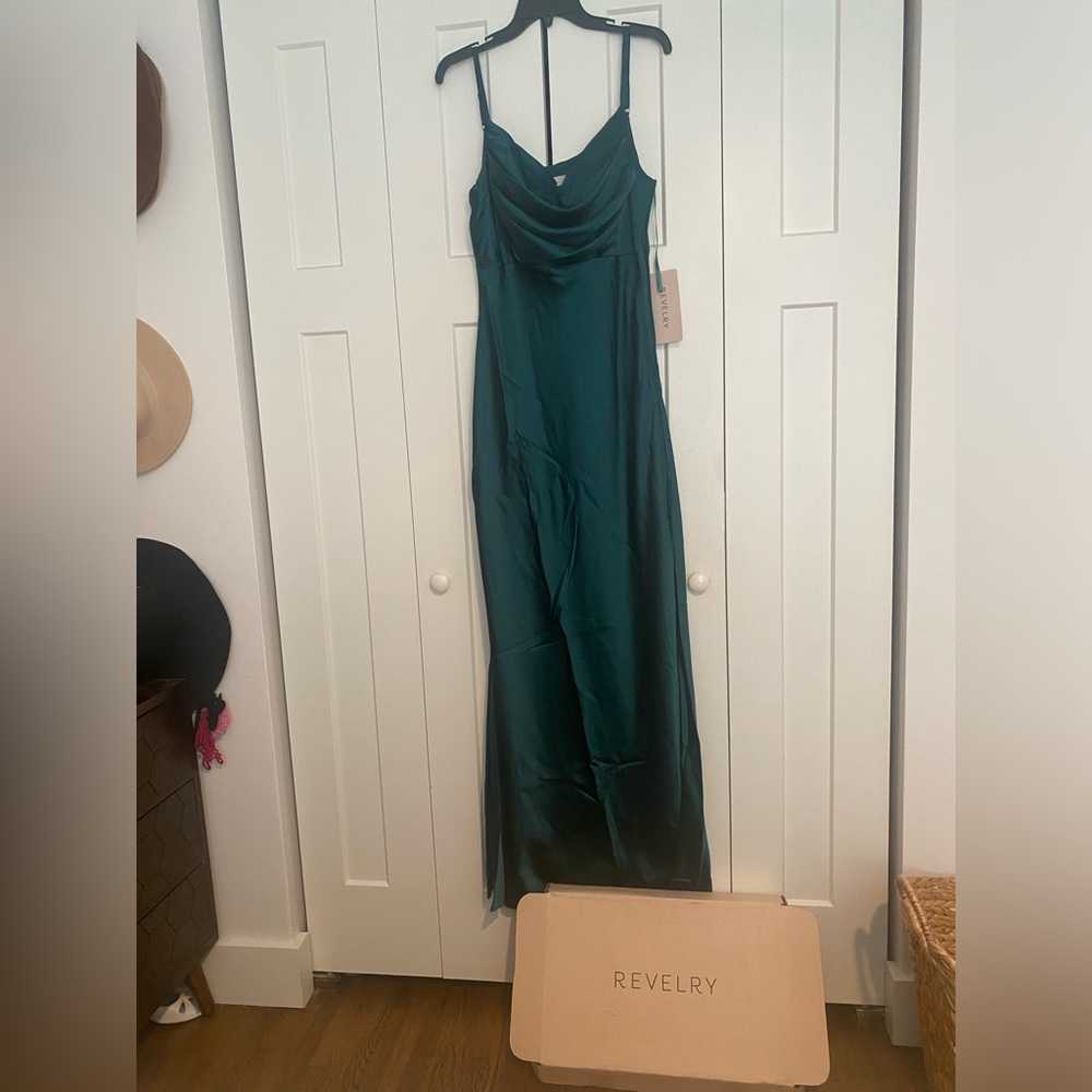 REVELRY classic Emerald Satin Dress. Size 10. Never worn, tags on. Maxi length.